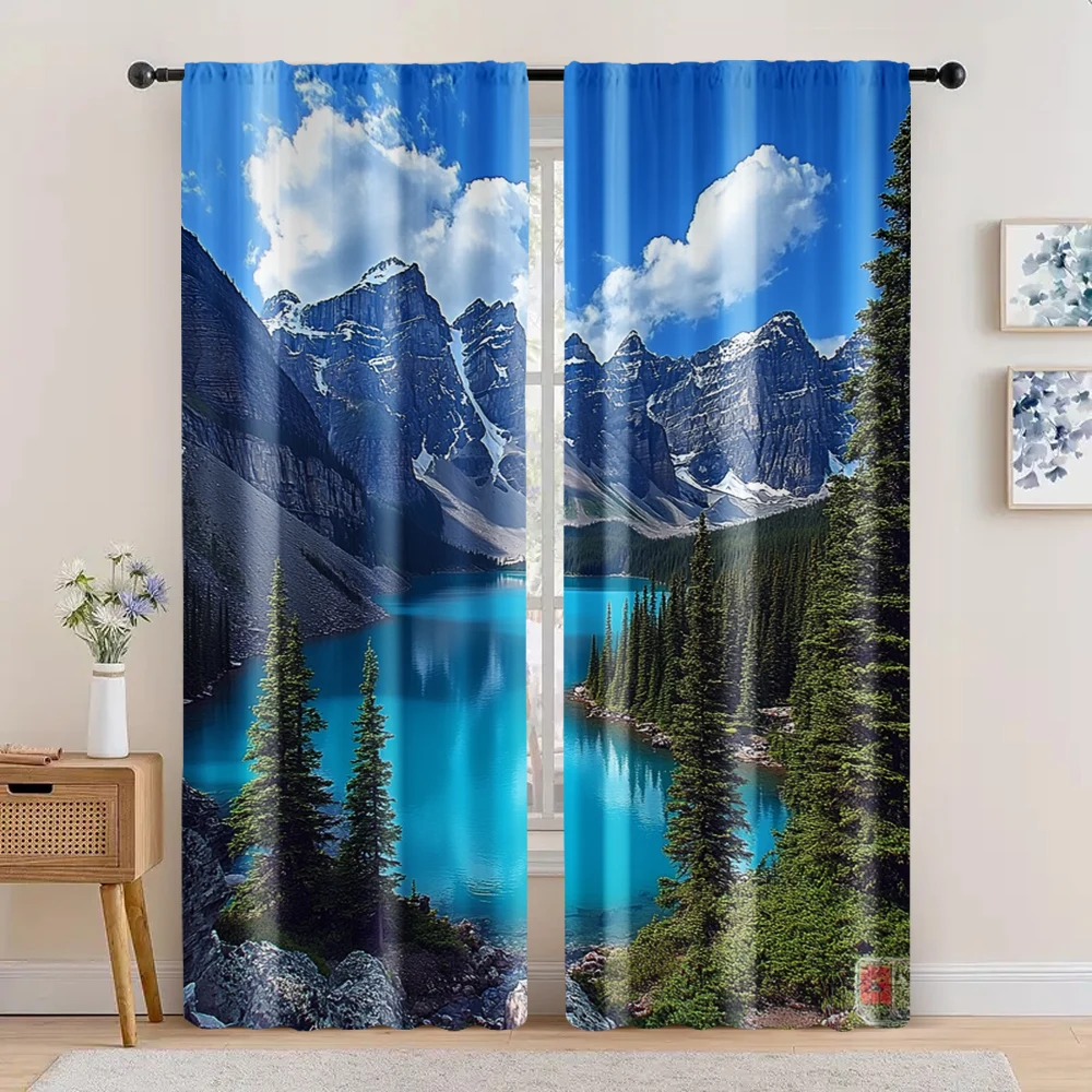 2pc,  Window Drapes Canadian Rocky Mountain Pine Forest Nature Polyester,Without Electricity Festive Backdrops Use for