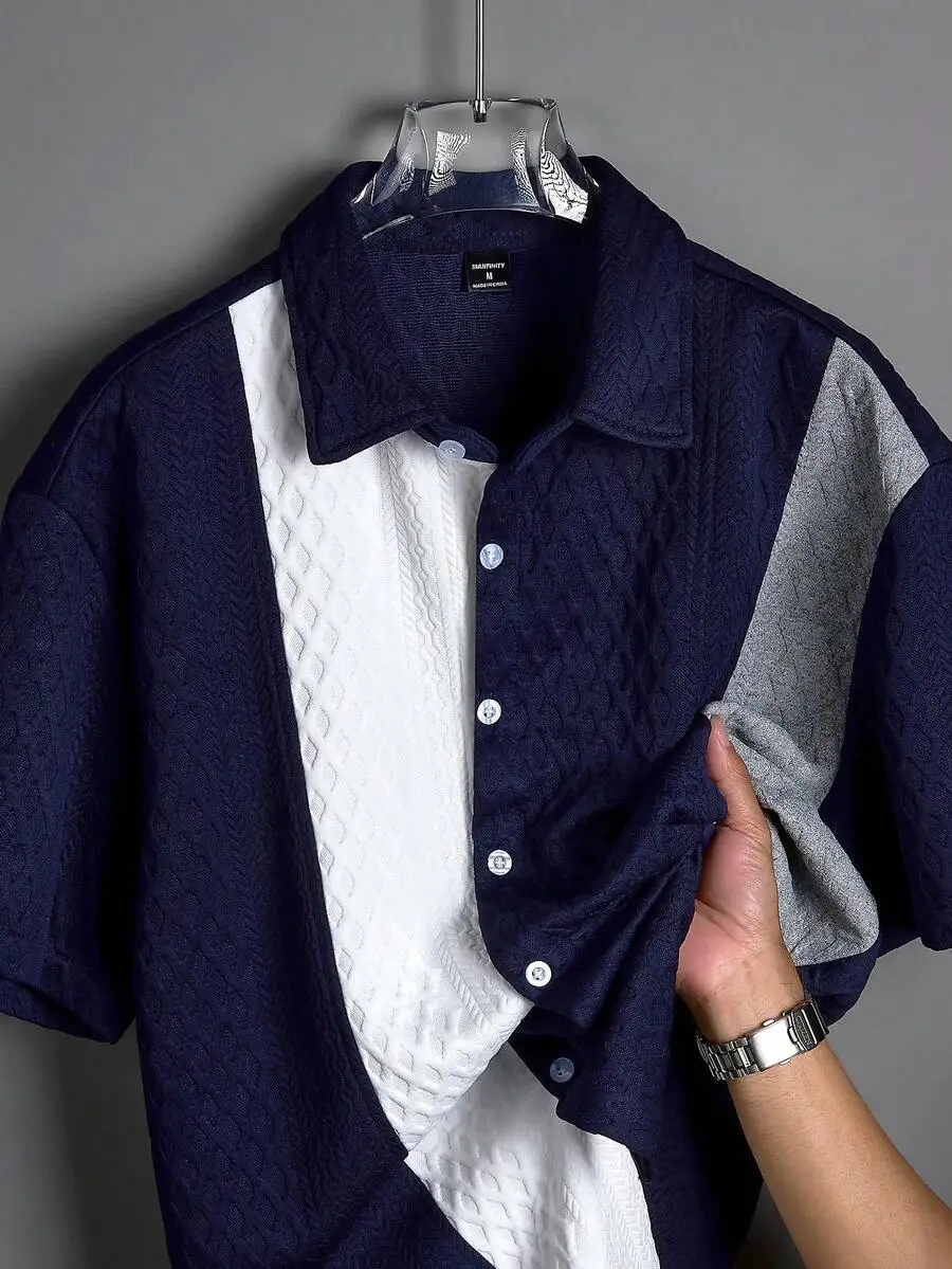 

Men's Colorblock Short Sleeve Casual Loose Shirt with Textured Knit Pattern