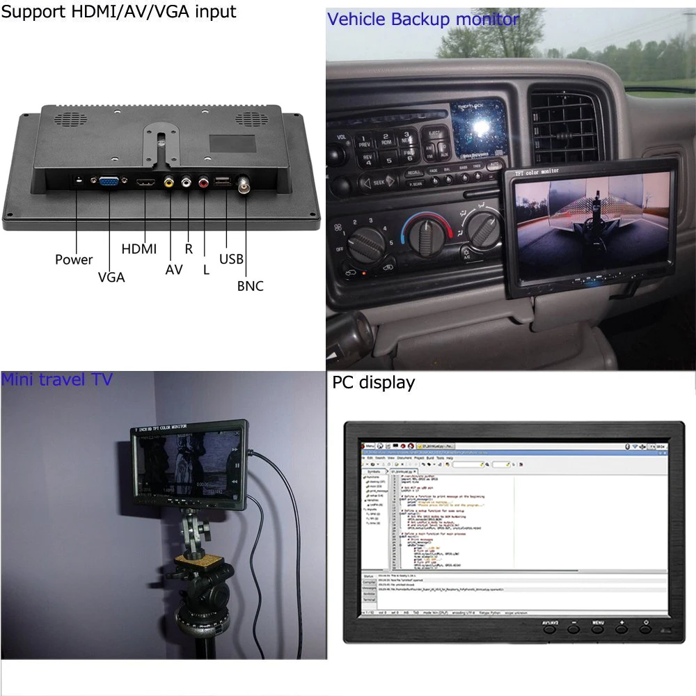 Podofo 휴대용 모니터 미니 TV 컴퓨터, LCD HD 화면 디스플레이, 비디오 입력 보안 자동차 모니터, VGA HDMI AVI Pi 시스템, 10.1 인치