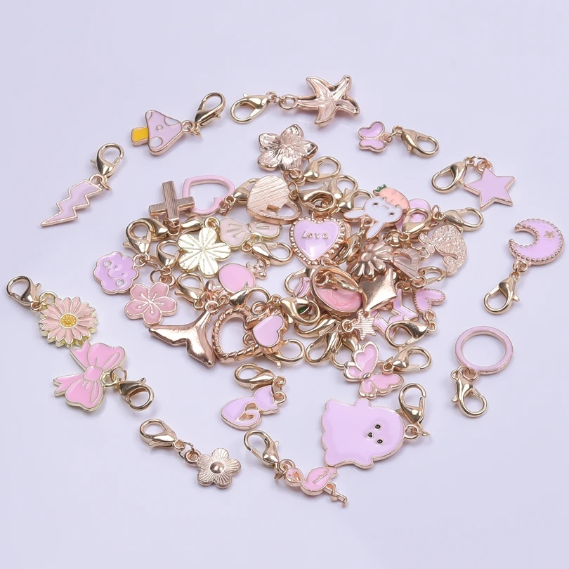 Mix Pink Flower Animal Charms With Lobster Clasp For Jewelry Making Supplies Cute Heart Moon Pendant DIY Backpack Keychain Charm