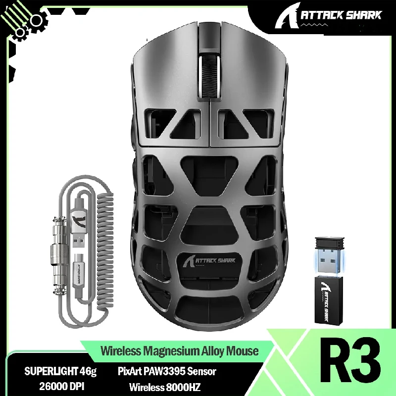 

Новая мышь из магниевого сплава ATTACK SHARK R3, беспроводная мышь 8K, SUPERLIGHT 46 г, игровой датчик PixArt PAW3395, регулируемый разрешение 26000