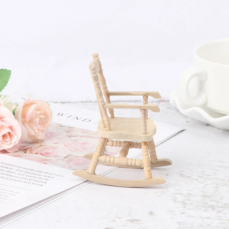 1/12 Dollhouse Miniature Rocking Chair Wooden Stool Armchair Modle Toys Furniture Pretend Play Doll House Decor Accessories