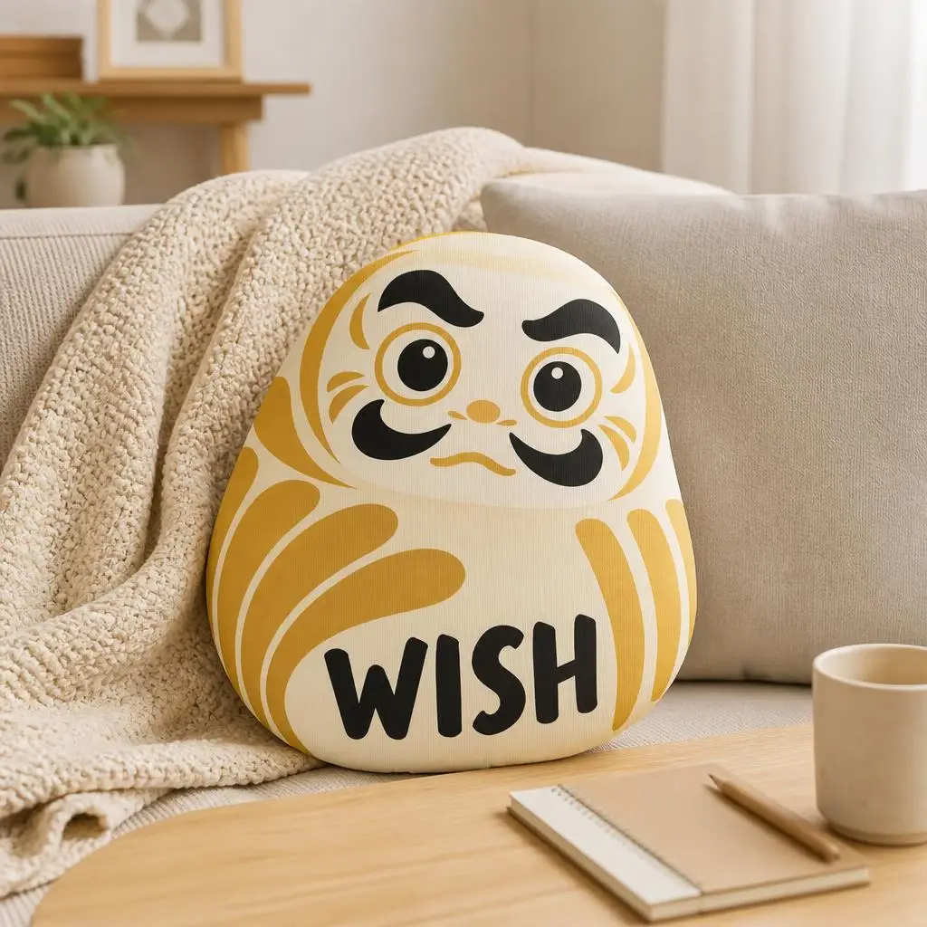 Japanese Daruma Wish Throw Pillow Shaped Stuffed Cushion Encouragement Gift Gold Ivory Sofa Home Decor Floor Pillow Accent