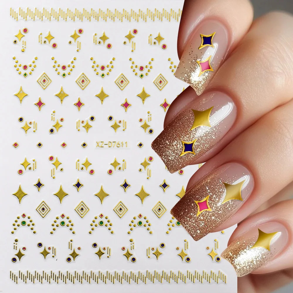 Pegatinas de uñas de rayas francesas doradas bronceadas en 3D, pegatinas de flores Retro rojas y verdes para decoración de uñas con líneas geométricas francesas F & 87