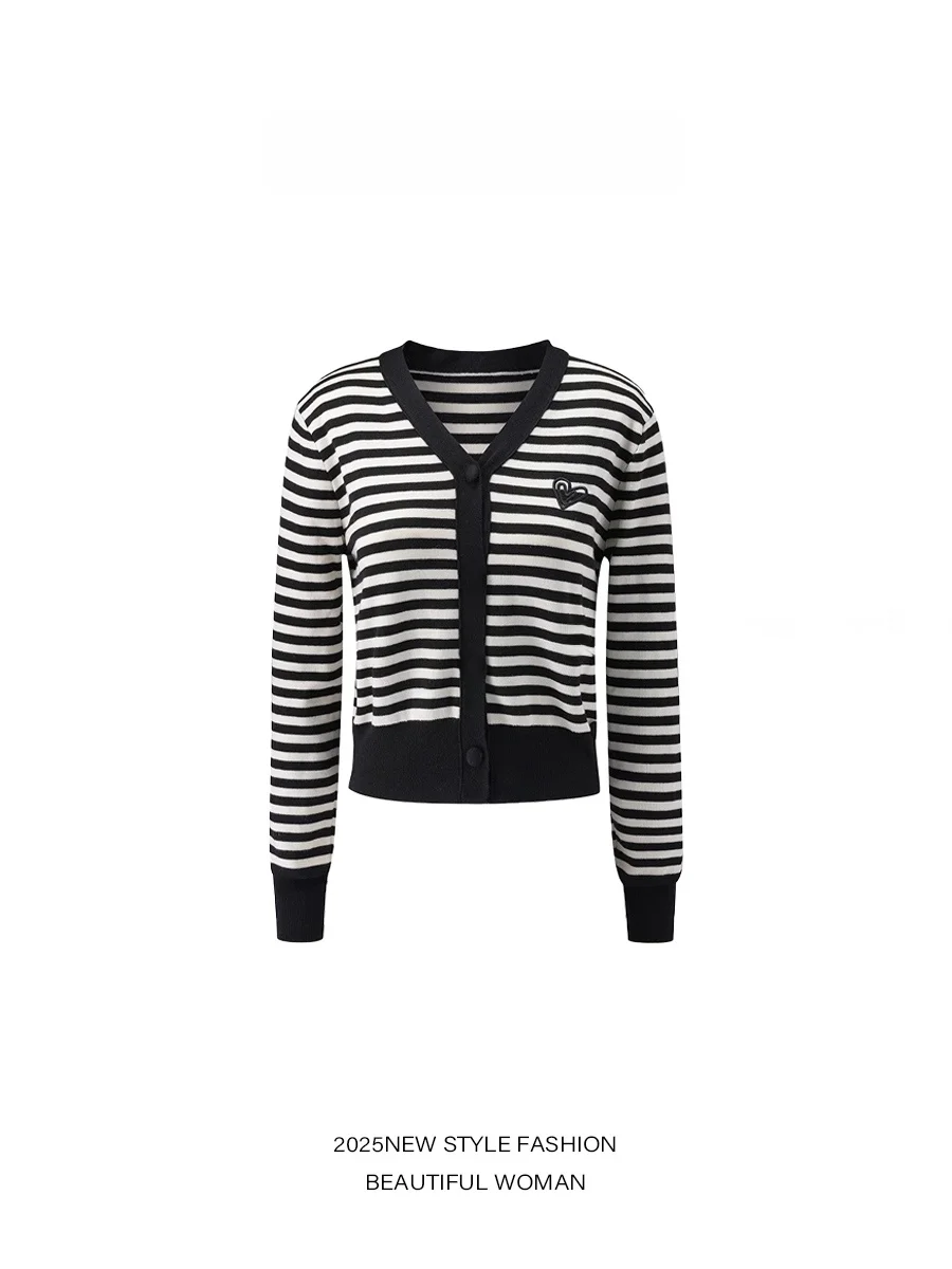 

Knoinghead 2025 New Stripe Knitted Open Cardigan Women's College Sle Loose Top Spring Summer V-ne Long Sve Casual Wear