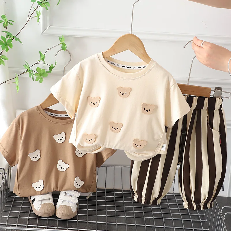 

2025 Children Clothing Sets For Boys Cute Bear'S Head Toddler Boys Sports Suit Short Sleeve T-Shirt Striped Pants 2pcs Outfit