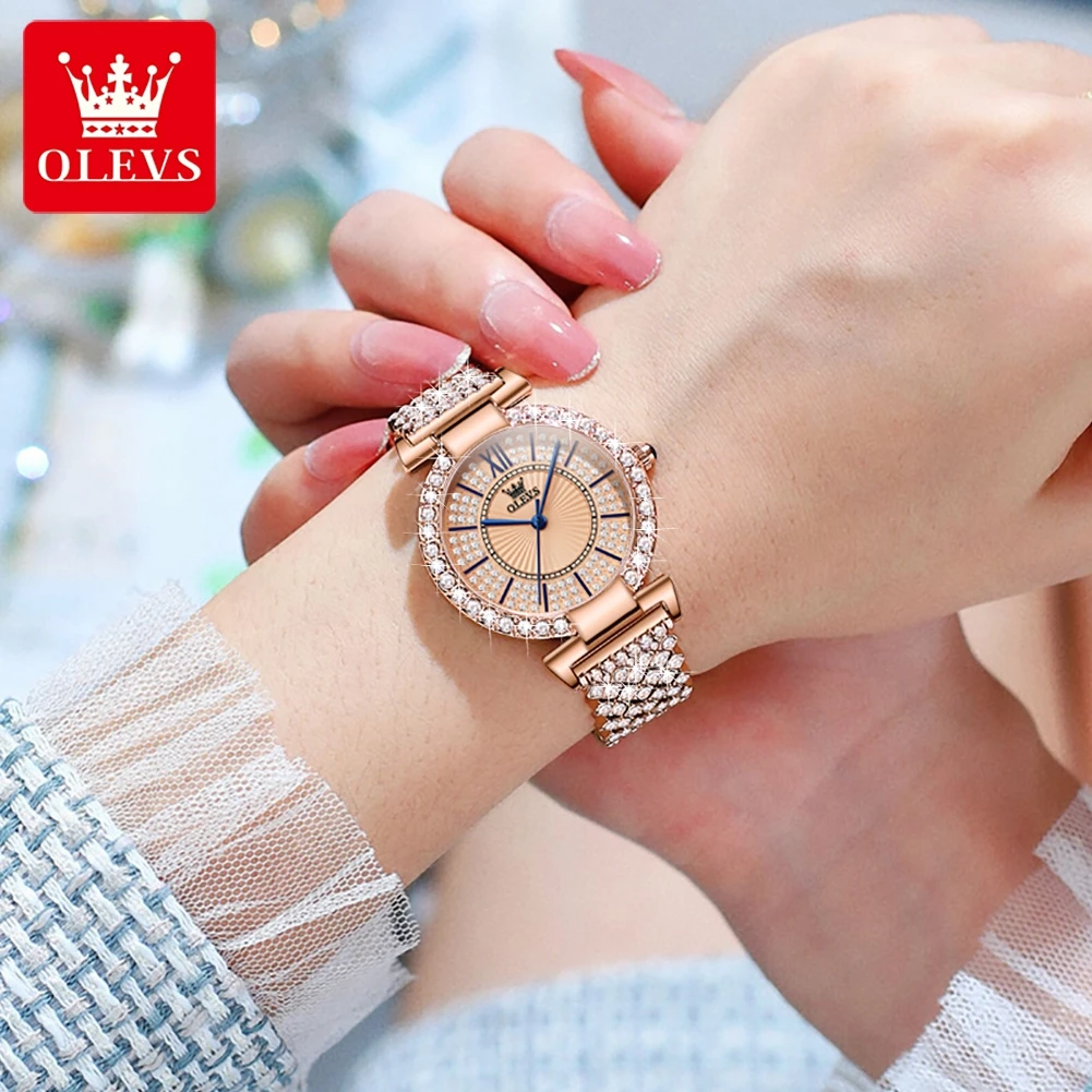 OLEVS 9942 Full Diamond Luxury Quartz Watches for Women Fashion Elegant Rose Gold Steel Strap Waterproof Ladies Dress Wristwatch