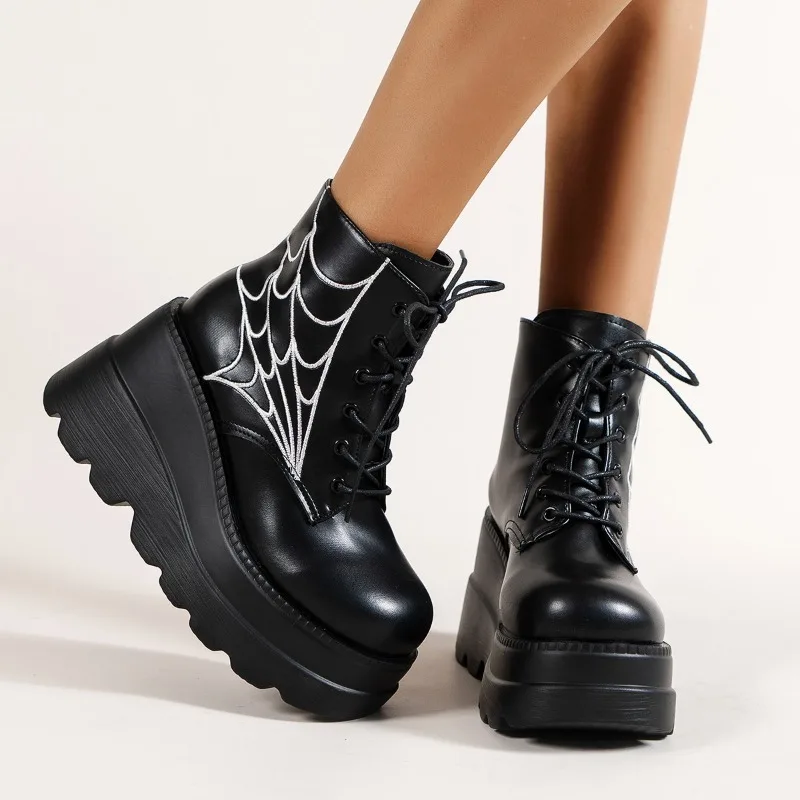 Women's Single Shoes Spring Autumn New Thick Soled Cobweb Lace-up Leather Boots Fashion Comfortable Increase Professional Boots