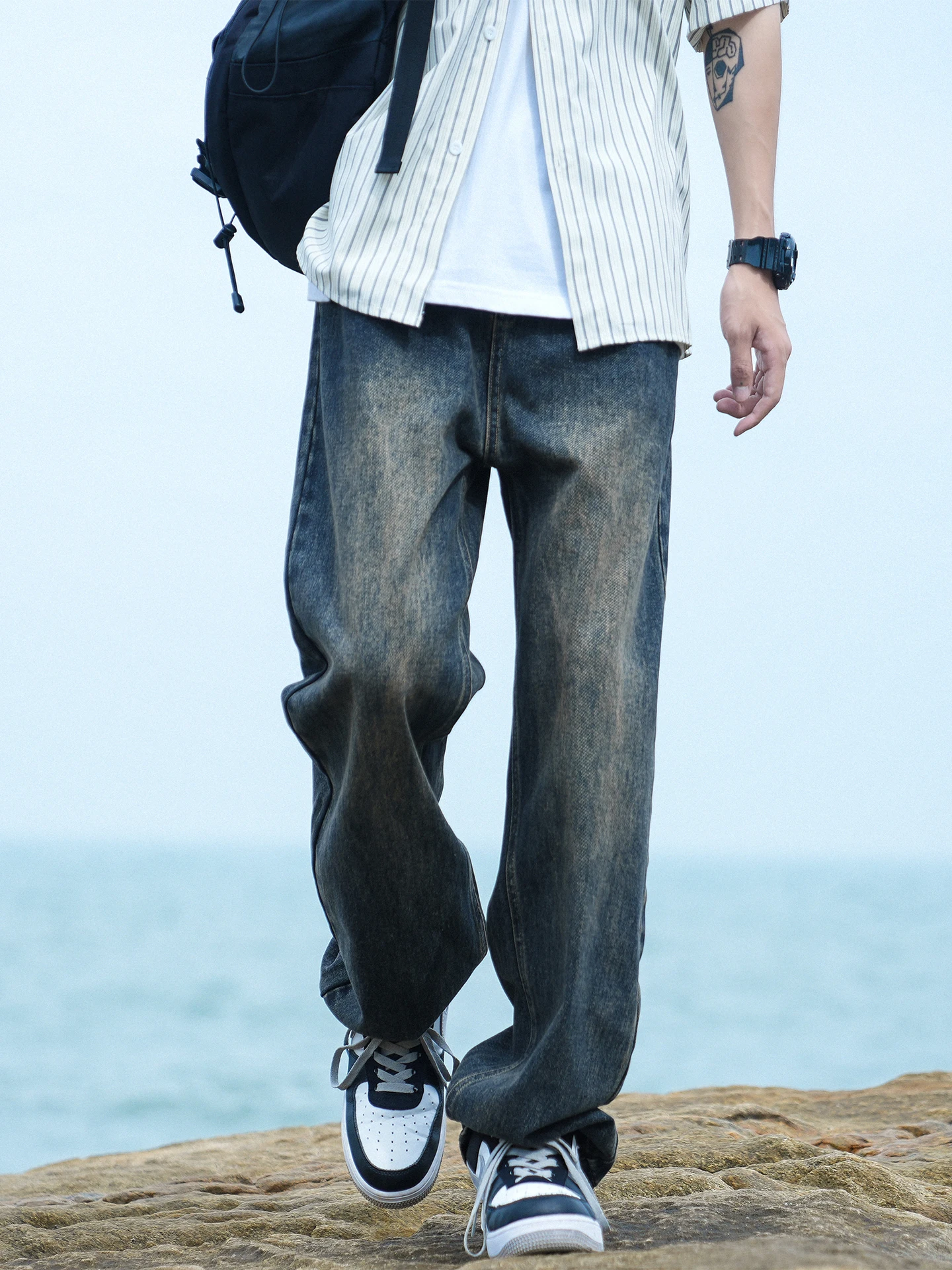 

Джинсы с талией, мужские осенние прямые свободные длинные брюки в американском стиле, повседневные брюки с широкими штанинами, новинка 2025 года