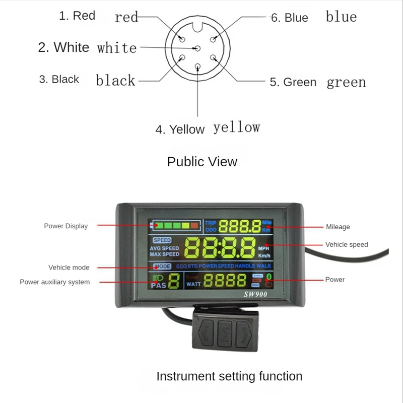 Imagem -02 - Lcd Display Medidor Painel de Controle 24 36 48v 52v 60v Scooter Elétrico Pins Plug Equitação Velocidade Tempo Poder Display. Sw900