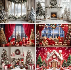 Christmas Photography Background Winter Window Xmas Tree Bear Gift Family Party Decoration Kids Portrait Backdrops Photo Props