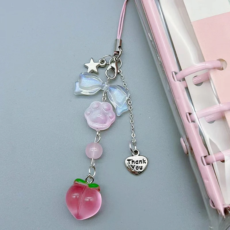 Y2K Pink Peach Bow Keychain for Phone Cute Star Strawberry Fruit Keyring Aesthetic Peach Beaded Earphone Charm Lanyard Keyring