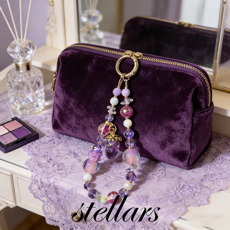 

Purple Strawberry Crystal Phone Charm Wrist Bead Strap Anti-Drop Shockproof Artificial Crystal Phone Chain for Mobile Phones