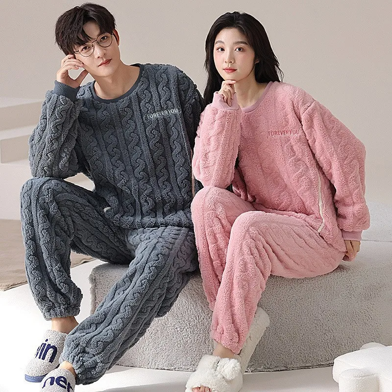 Casal flanela pijamas de inverno para homens e mulheres manga longa engrossado dos desenhos animados bonito veludo pijamas jovem menino menina loungewear