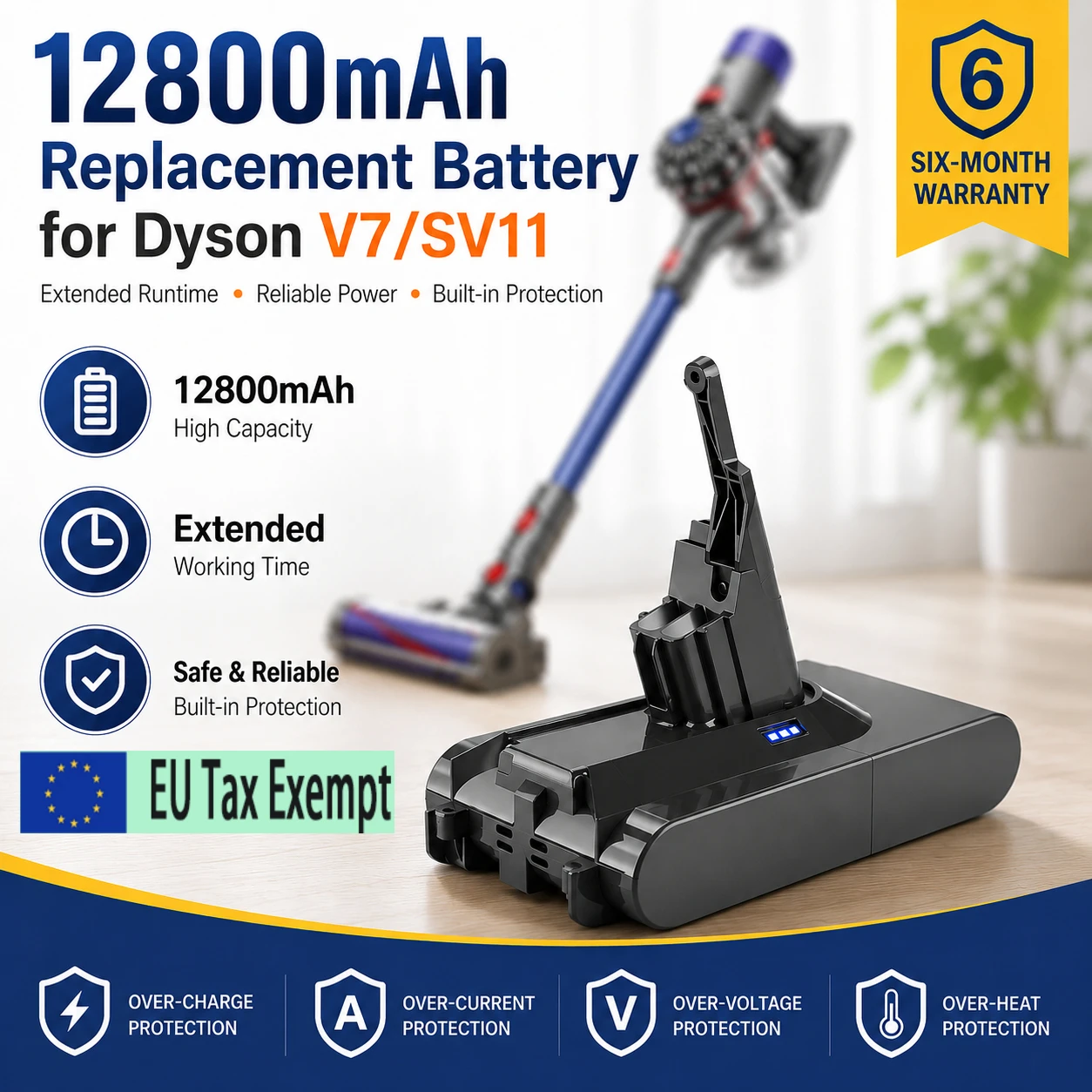 Image of 12800mAh Ersatzakku für Dyson V7 SV11 kabellosen Staubsauger, Hochleistungs-Akku, lange Laufzeit, Mehrfachschutz