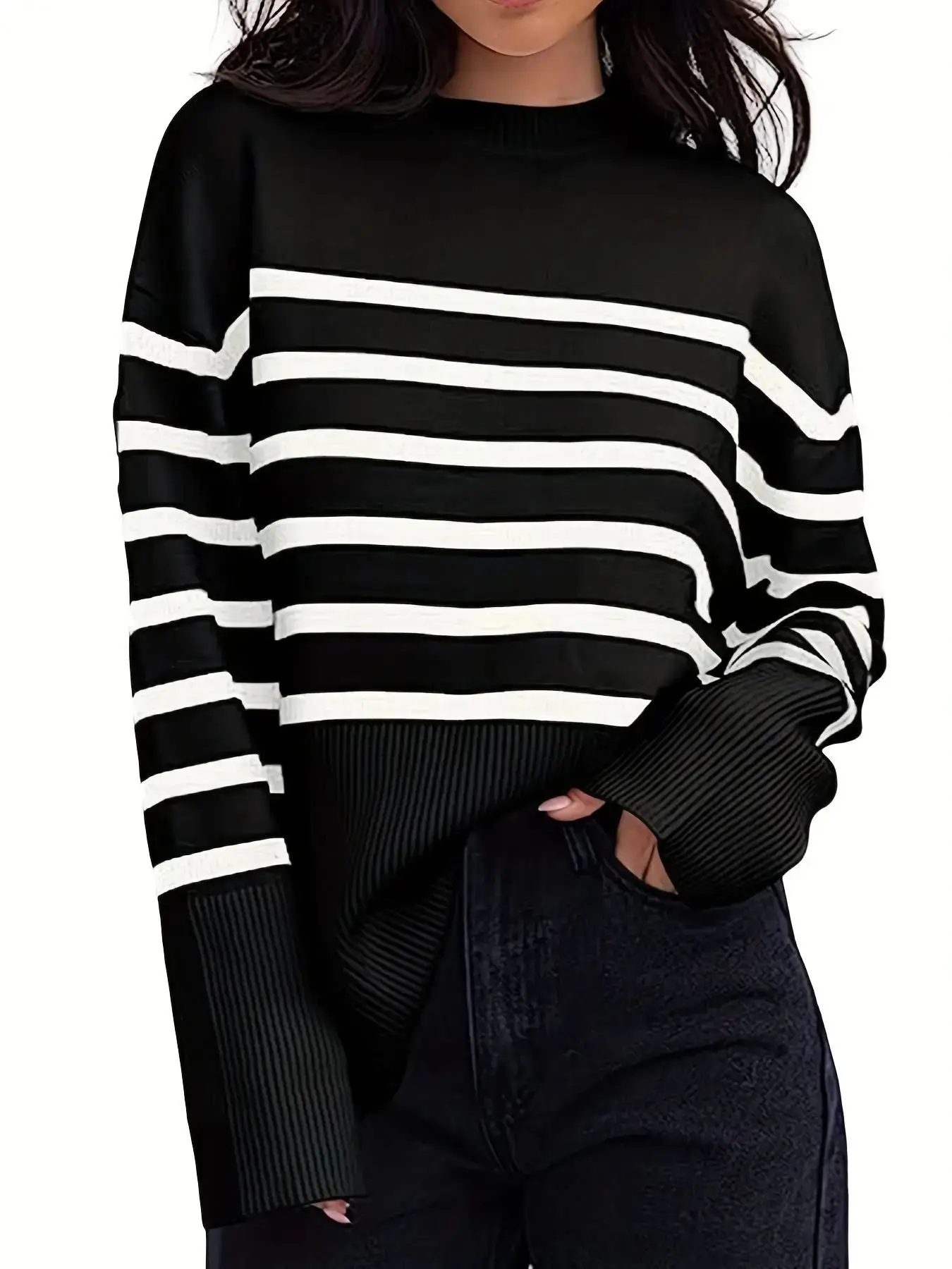 Women\'s Sweater Casual Striped Crew Neck Dropped Shoulder Split Loose Fall Winter Sweater