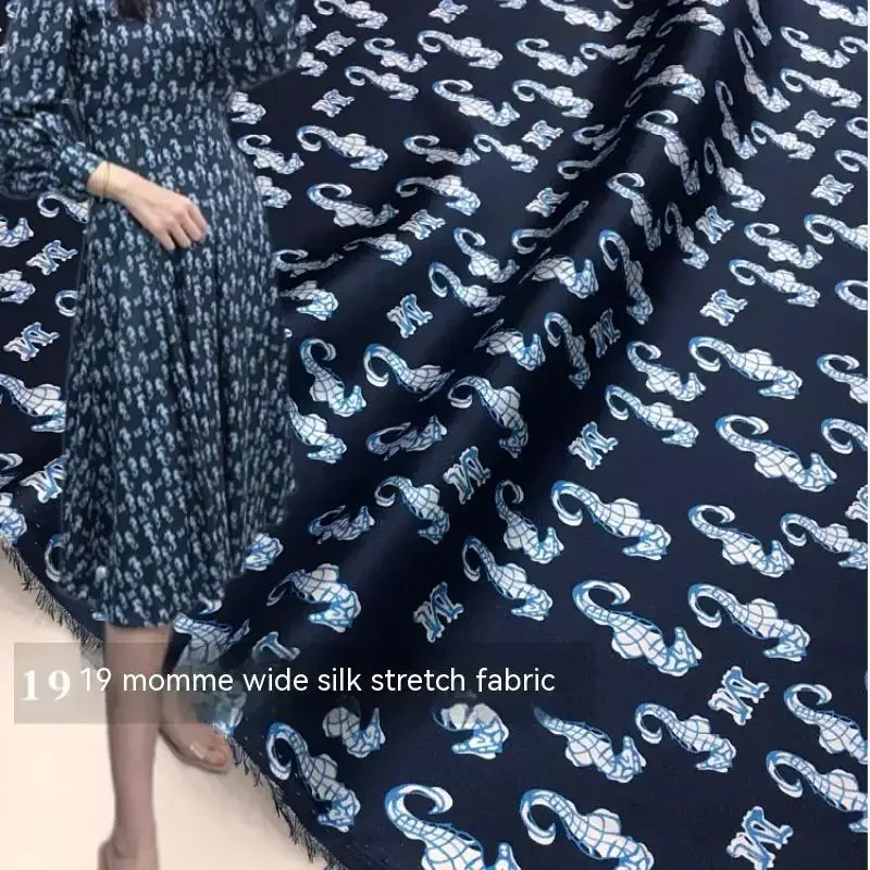 Cute and Fun Small Seahorse Letter Printing Mulberry Silk Dress Fabric High Quality Elastic Silk Satin Designer Fabric