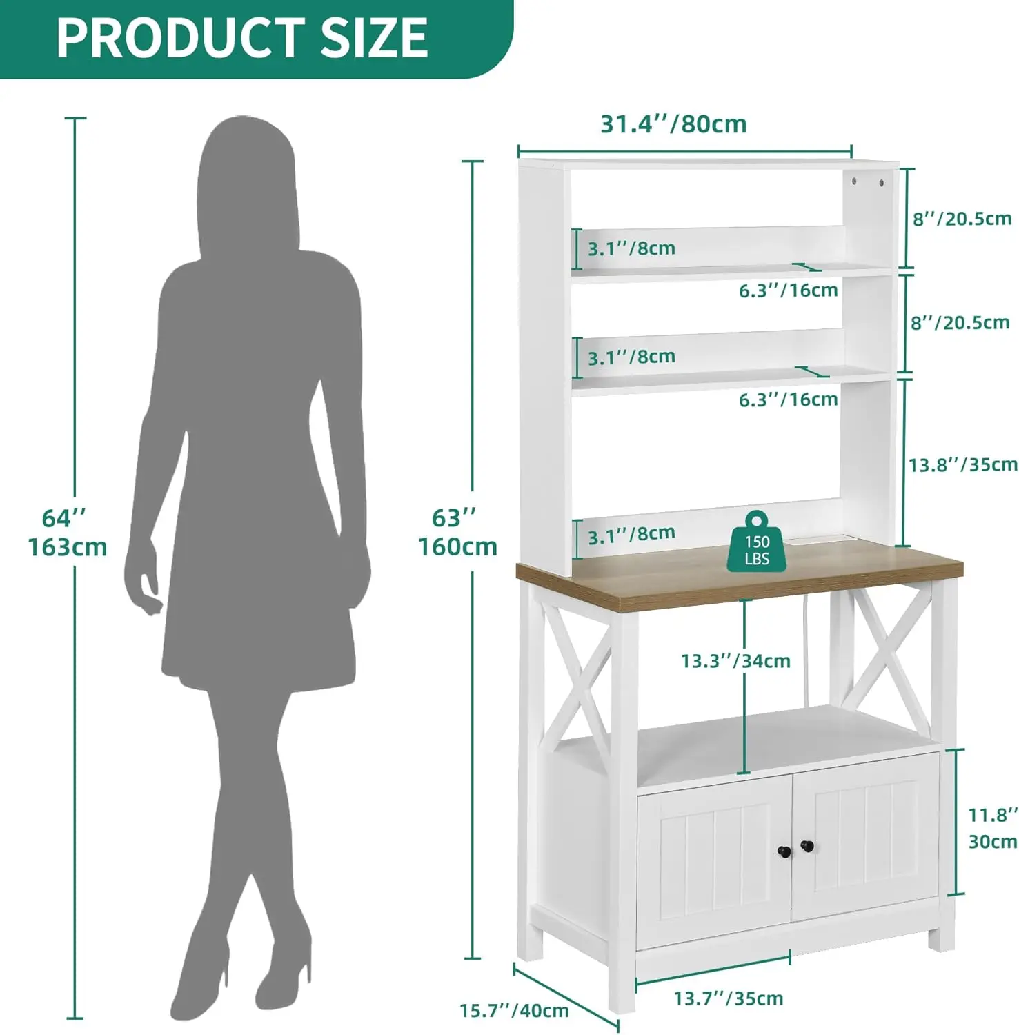 White Microwave Stand Bakers Rack Cabinet, Farmhouse Freestanding Small Kitchen Pantry Hutch Tall w Door Power Outlet