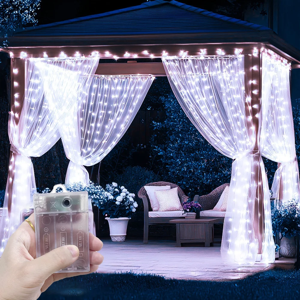 

Christmas Battery LED Curtain String Light 8 Lighting Modes Wedding Fairy Lamp Garland Bedroom Party for Festoon Home Decoration
