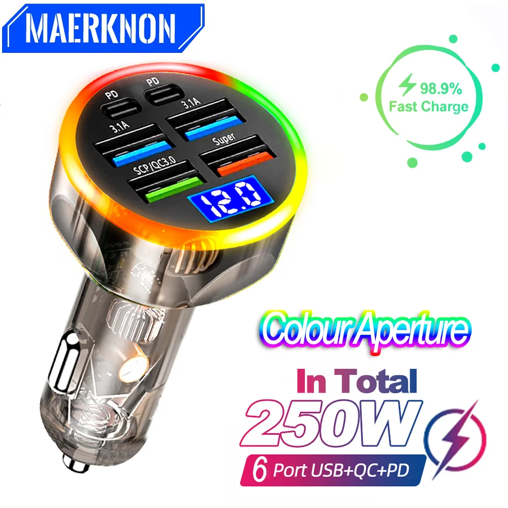 Insgesamt 250 W, superschnelles 6-in-1-USB-C-Autoladegerät PD QC30, LED-Spannungsanzeige für Telefon, GPS, Taschenlampe, Auto-Notstromadapter