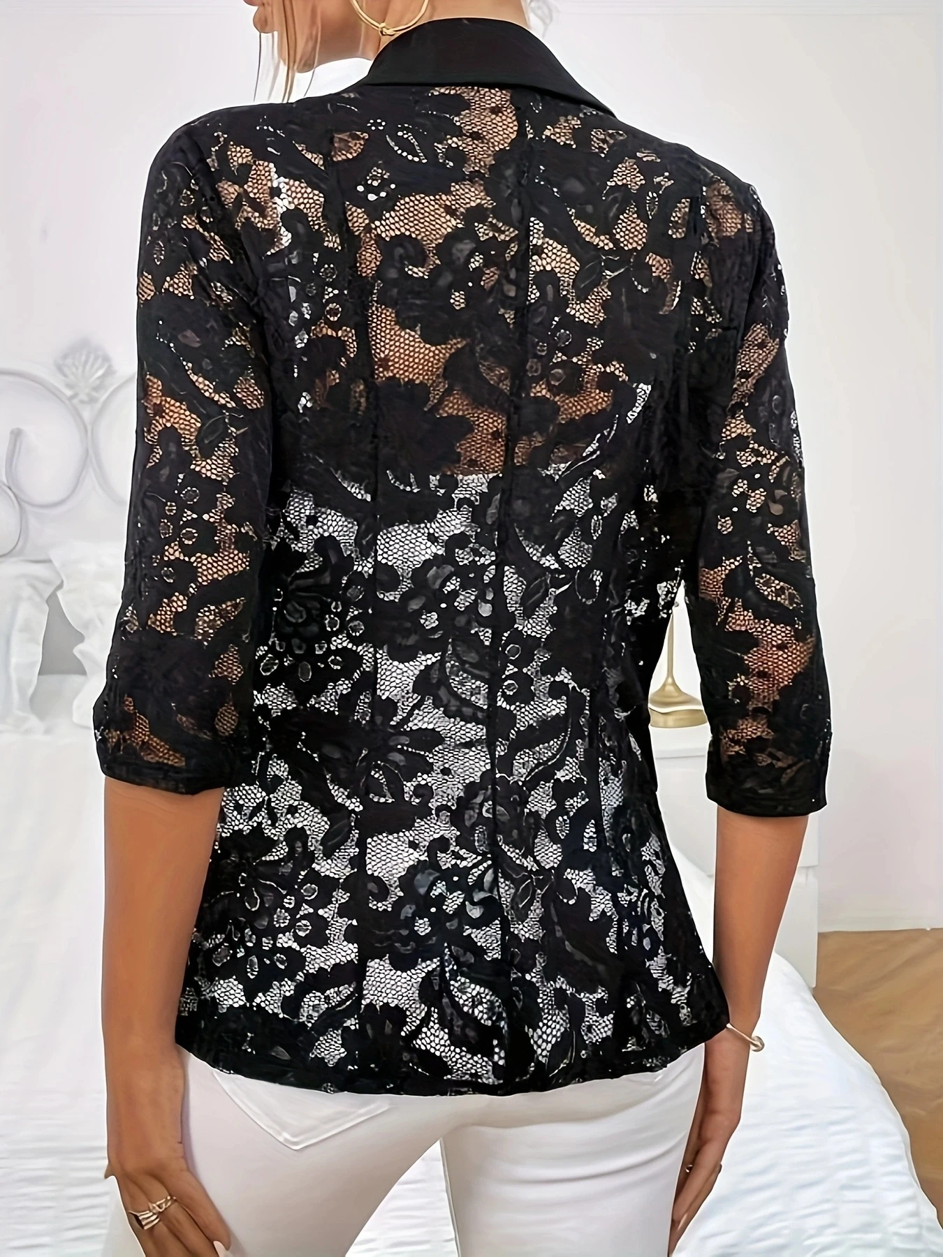 Women's Fashionable Cardigan Top Lace Thin Patchwork Three-Quarter Sleeve Suit Jacket