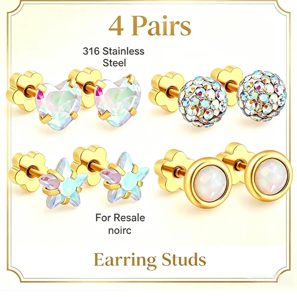 4 pares de aretes de acero inoxidable 316 al por mayor con forma de corazón, estrella, bola y ópalo, joyería para perforaciones a granel para reventa en tiendas