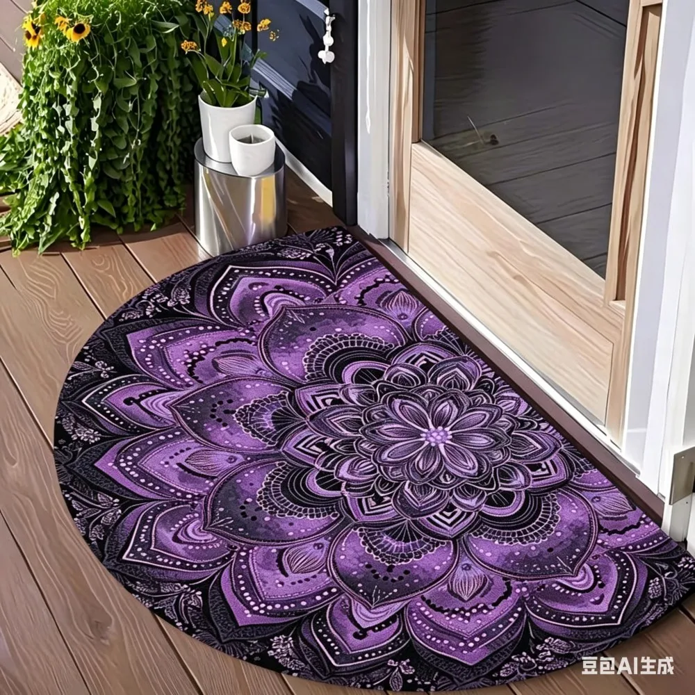 Vintage Stained Glass Semi-Circle Doormat Non-Slip Half Moon Entrance Rug Gothic Style Welcome Mat for Home Hallway Decor