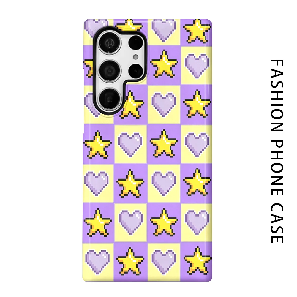 Pixel Star Heart Grid Phone Case for For Samsung Galaxy S26 S25 S24 S23 S20 FE A56 A36 Ultra Glossy HD Hard Cover Film Shell