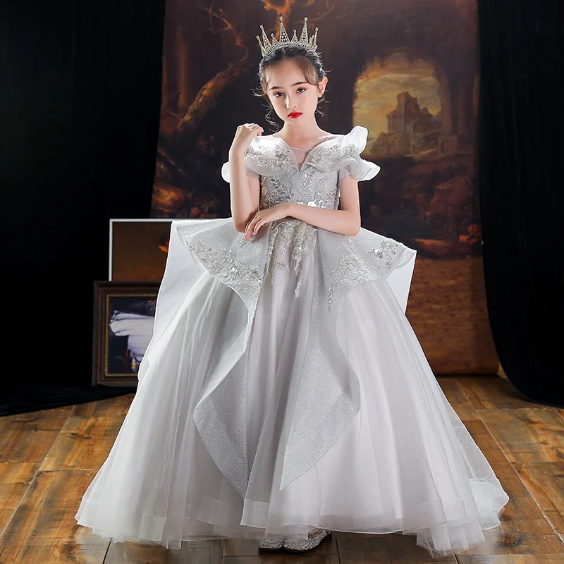 Children's Formal Dress Princess Dress Girls Piano Performance Tail Dress Stylish Host Evening Dress Model Show Spring