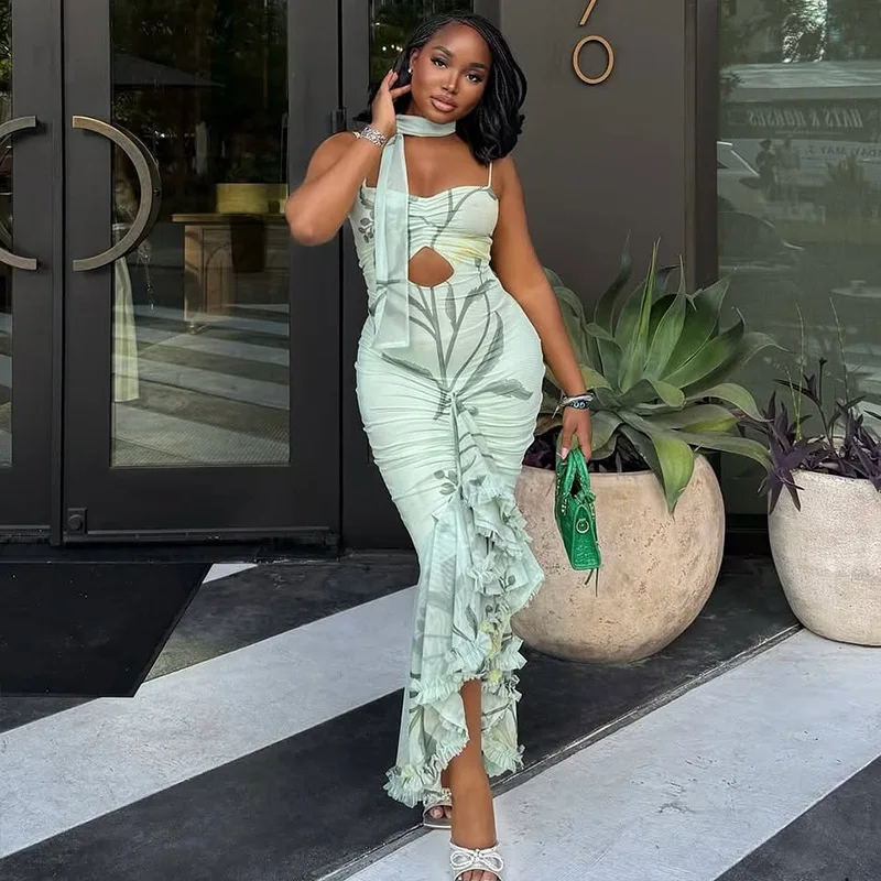 DSMTRC Vintage Luksusowa Damska Sukienka Wieczorowa z Nadrukiem Elegancka Bez Rękawów na Cienkich Ramiączkach Obcisła Sukienka Bodycon z Falbankami i Wycięciami