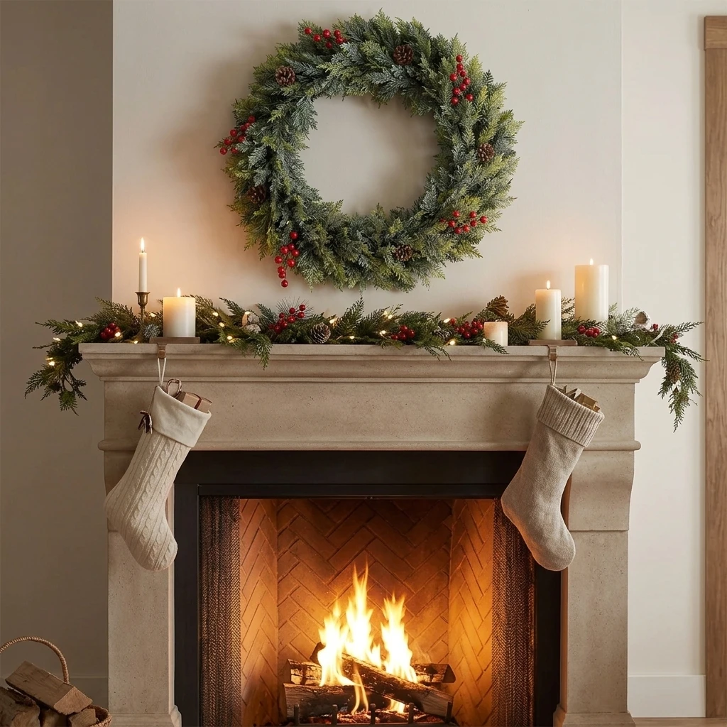 Factory Direct 20 Inch Cypress Christmas Wreath, Realistic Cedar Xmas Wreath With Red Berries, Wholesale Holiday Supplier