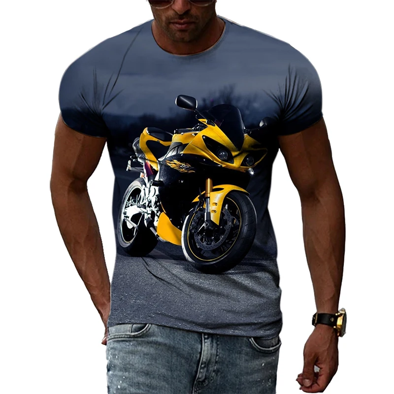 Camiseta con estampado de motocicleta para hombre, camisa informal de manga corta con cuello redondo y personalidad, de gran tamaño, a la moda,