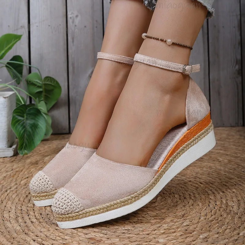 Suede Espadrille Wedge Sandals Women's Pointed Crochet Toe Platform Vintage Casual Comfort Shoes Size 36-43 Sandalias De Mujer