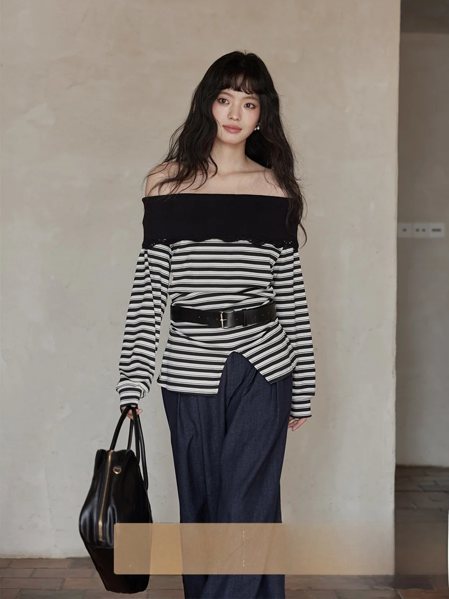 

Новинка Весна 2026: Корейская стильная повседневная футболка с длинным рукавом, открытыми плечами и полосками, из полиэстера, приталенного кроя.