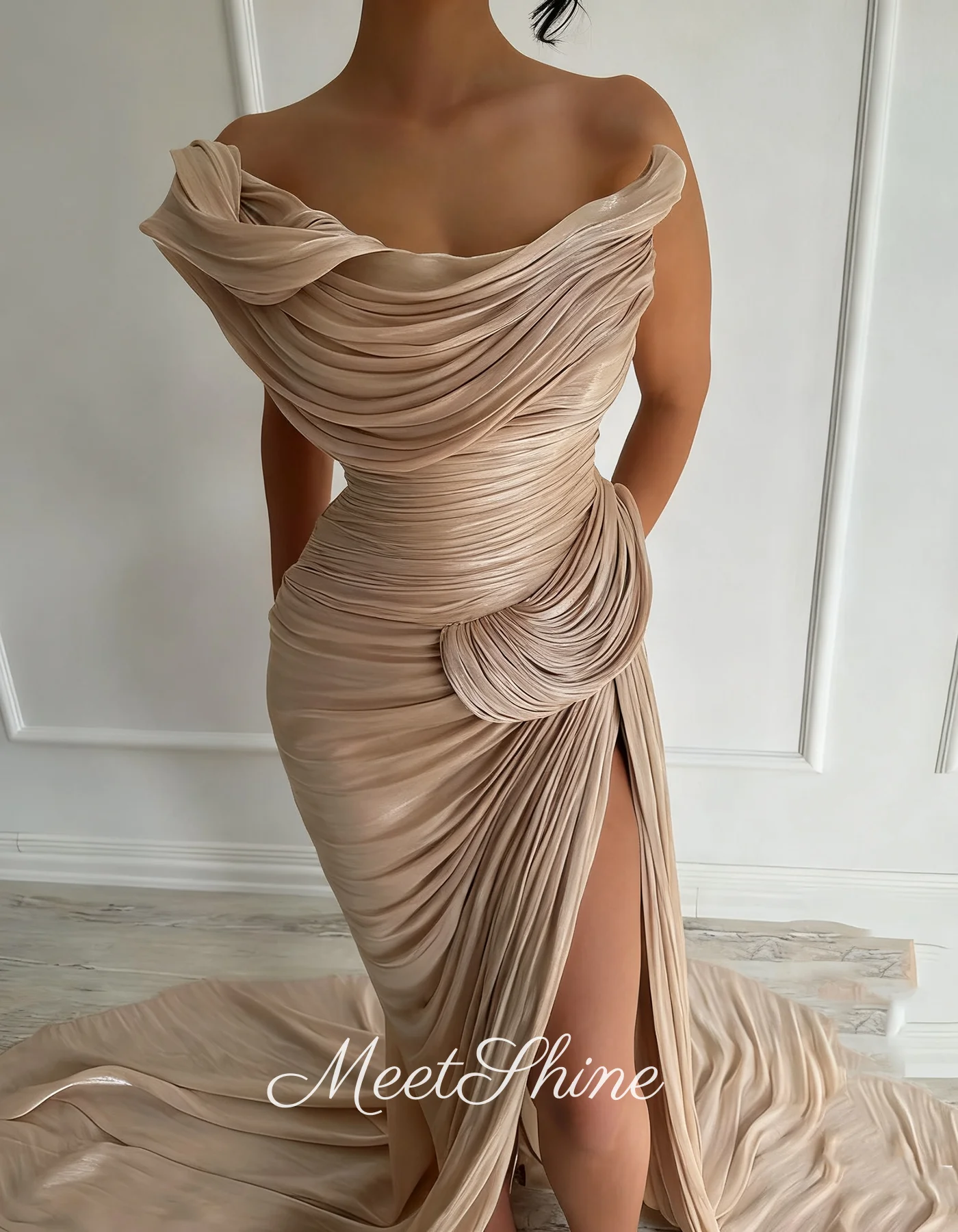 Vestidos de fiesta de satén con abertura lateral de sirena champán moderno Dubai plisado sin tirantes vestidos de noche brillantes vestidos de novia personalizados