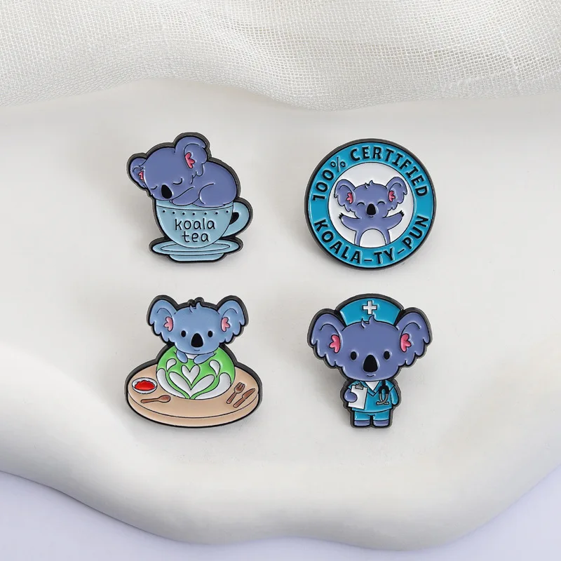 4Pcs Cute Koala Enamel Pins Set Certified Koala‑ty‑pun Nurse Koala Tea Cup Brooches Lapel Badges Animal Lover Jewelry Gift