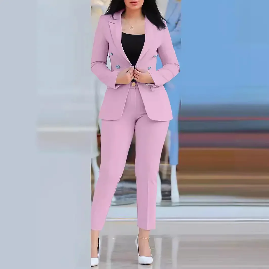 2pcs Women Office Clothing Set Long Sleeve Blazer Jacket & High Waist Pencil Pants Solid Color