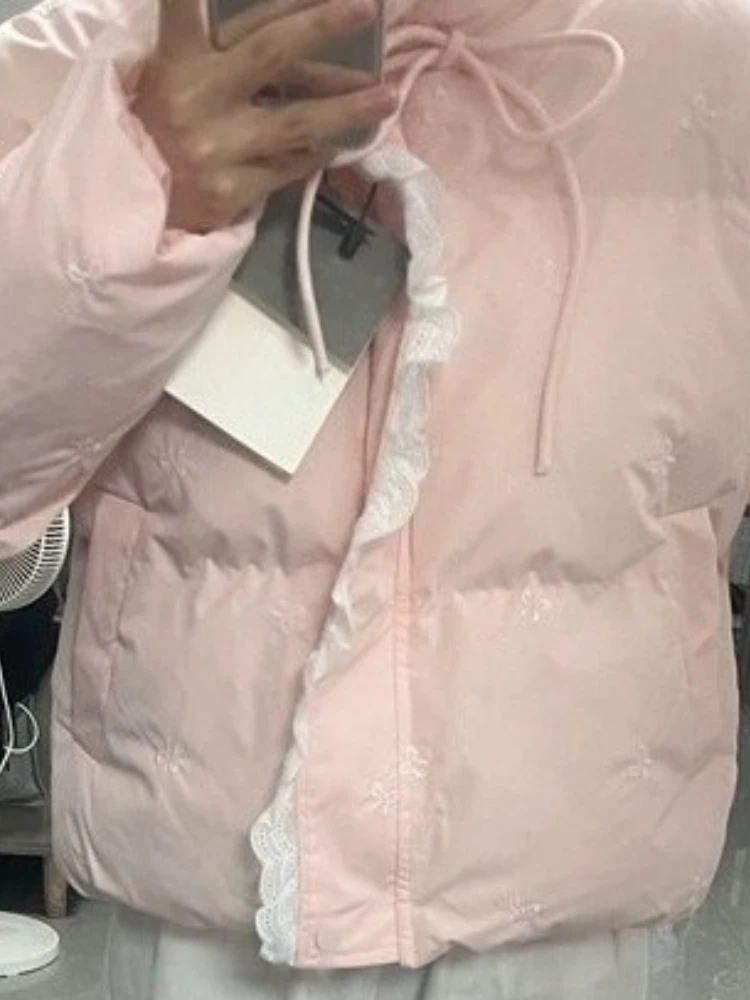 Winter Vintage Korean Fashion Thick Coats Women Loose Long Sleeve Bow Lace Zipper Warm Cotton Jacket Casual Elegant Chic Tops