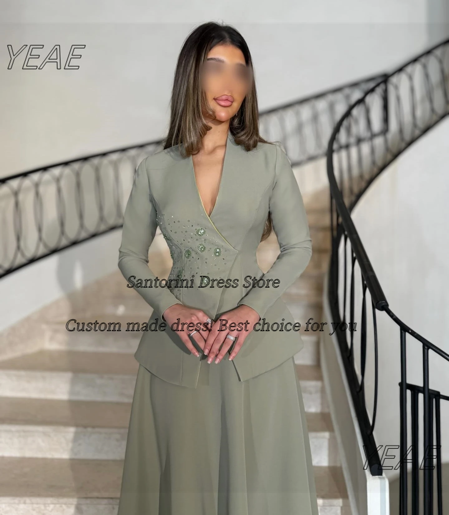 Santorini decote em v vestidos de baile com mangas compridas frisadas vestidos de noite comprimento do tornozelo duas peças vestido de festa personalizado