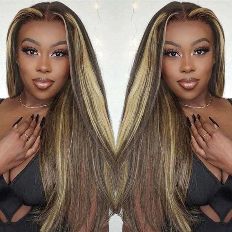 4/27 Wig renda lurus Ombre Highlight berwarna Wig renda HD Honey pirang renda depan Brasil Remy renda Frontal Wig rambut manusia