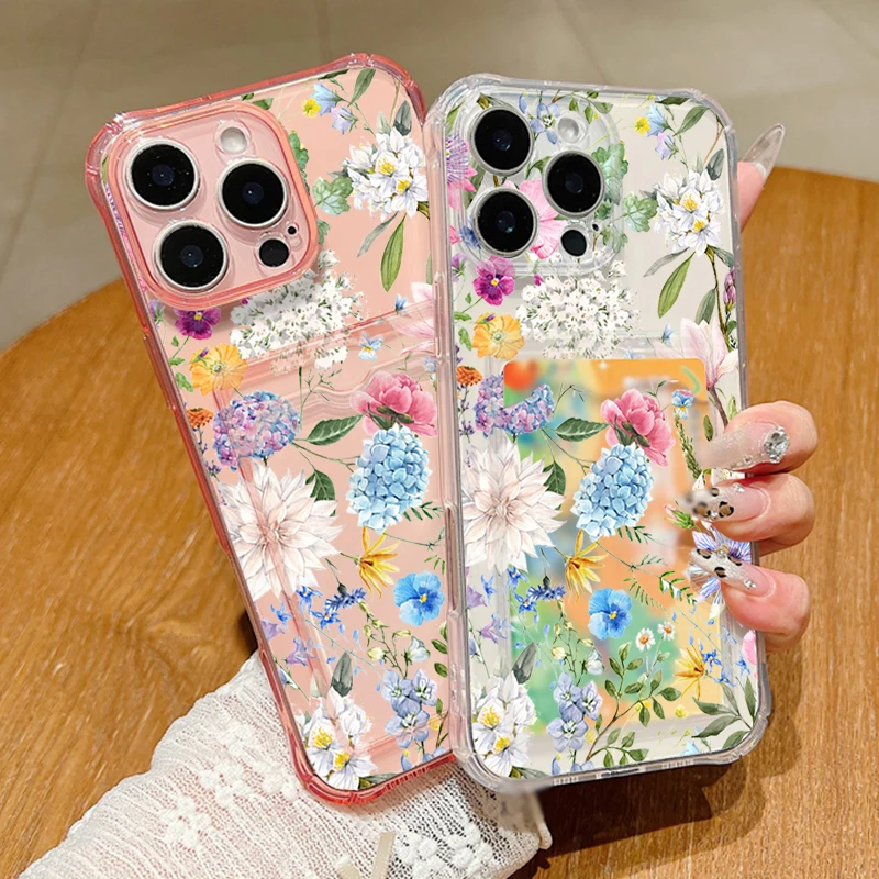 Case For iPhone 16 Pro Max Luxury Card Slot Back Hydrangea Flower Clear Soft Silicone Cover For iPhone 11 12 13 14 15 Pro Max