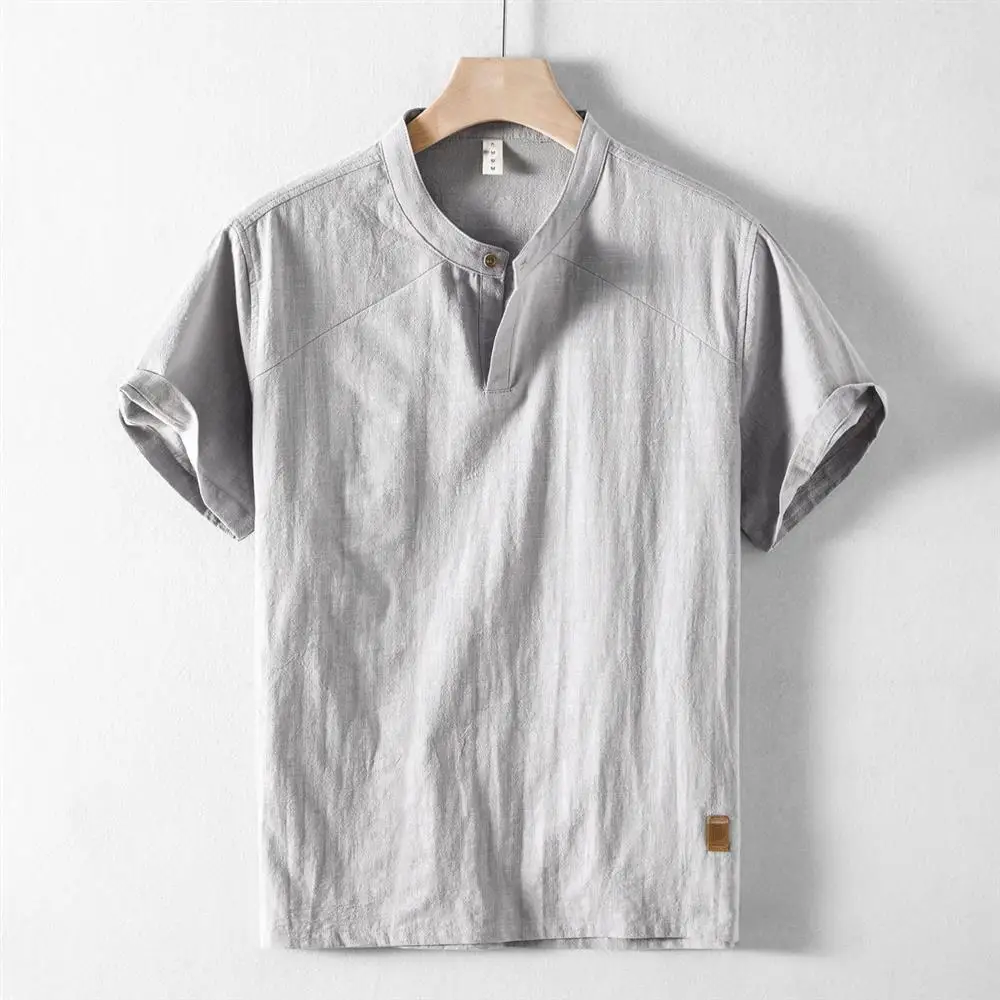 

Summer Thin Cotton Linen Short Sleeve T-Shirt Men's Loose Stand Collar Youth Half Sleeve Cotton Linen Top Breathable Casual S...