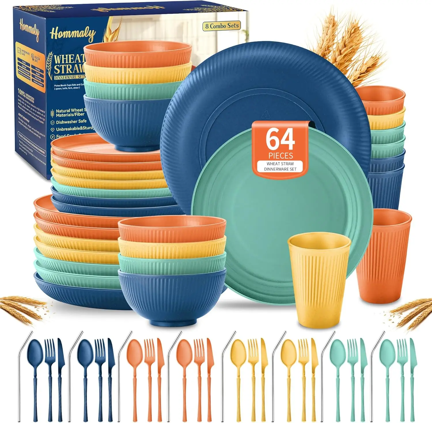 

64-Piece Wheat Straw Dinnerware Set for 8, Unbreakable Reusable Plastic Plates Bowls Cups Utensils, Dishwasher Safe