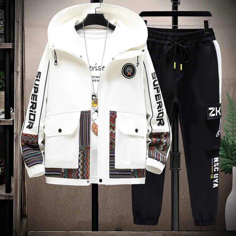 

Fall men's sportswear, vintage hooded splicing jacket + pants 2-piece set running youth casual alpha-patterned hoodie set