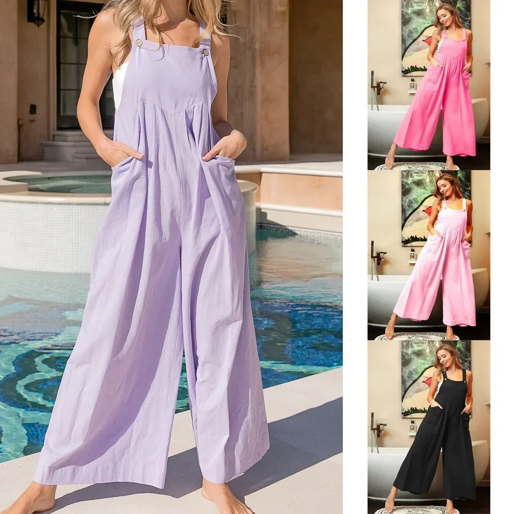

Ankle Length Jumpsuits Women Wide Leg Rompers Spliced Overalls Pockets One Piece Mid Waist Solid Casual Loose Fit 2024