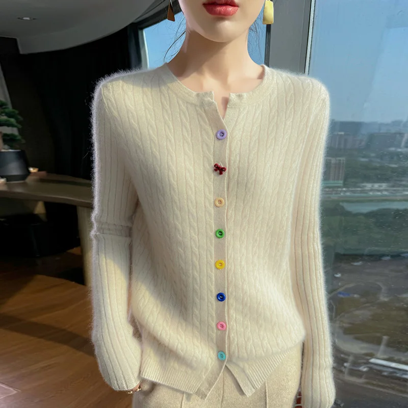 

Модный кардиган с цветными пуговицами, женский кардиган с круглым вырезом, 100% кашемировый свитер, осенне-зимняя утепленная куртка