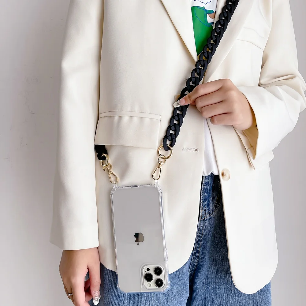 اللون الاكريليك سلسلة Crossbody للصدمات الحبل جراب هاتف آيفون 15 16 برو 13 12 11 14 برو ماكس سلسلة اليد غطاء شفاف