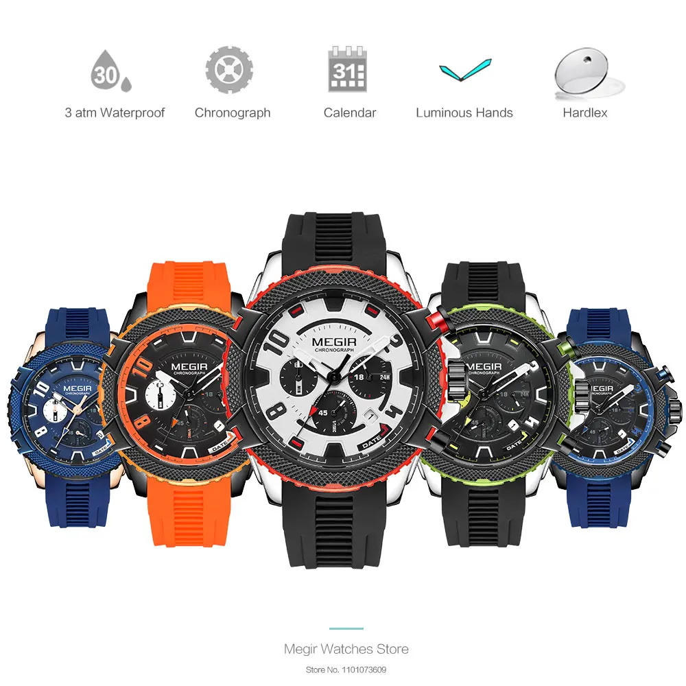 MEGIR Fashion Watch for Men Orange Silicone Strap Sport Chronograph Quartz Wristwatch with Date 24-hour Display 3atm Waterproof