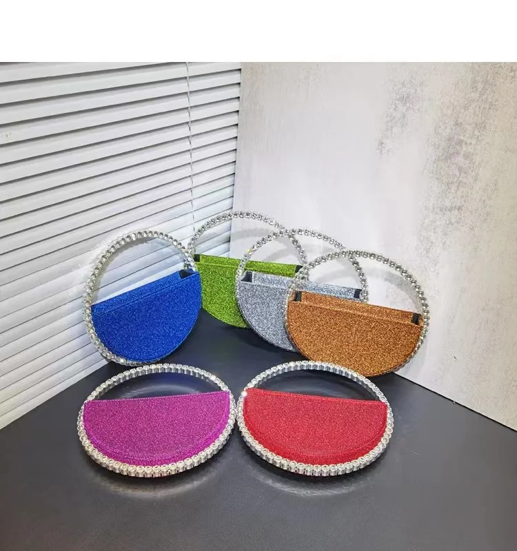 Luxury Acrylic Handle Circular Bag Women Fashion Handbag Glitter Shiny Crystal Diamonds Evening Bag Wedding Party Clutch Purse