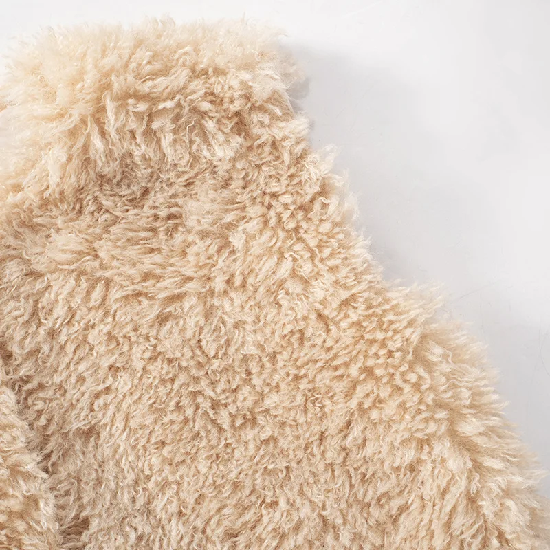 Bruine pluche jas met O-hals, imitatie lamsvesten, effen harige jas, pluizig, mouwloos, warm, dik, luxe, elegant, nepbontvesten, casual